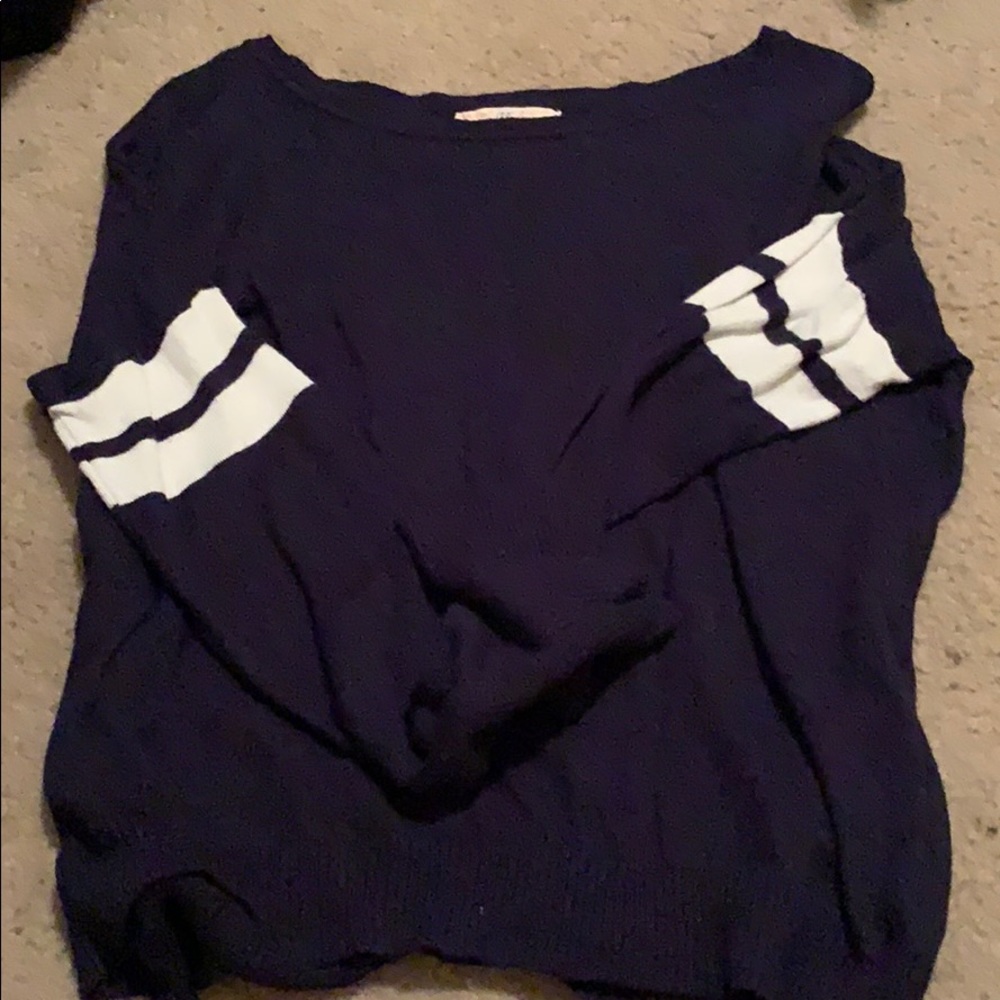 Long sleeve navy blue and white striped shirt